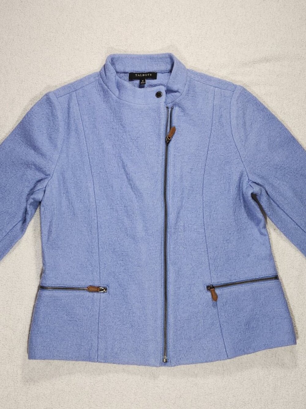 NWT Talbots Jacket Size 8 Blue Wool Blend Moto Boiled Felted Blazer Zipper
